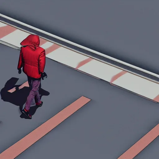 Prompt: man with a red jacket. walking towards a red futuristic racing motorbike on a wide road. isometric isometric view, wide angle, pencil drawing, photo realistic, hyper realistic, dramatic lighting, cyberpunk, ultra detailed, sharp focus, digital illustration, trending on artstation