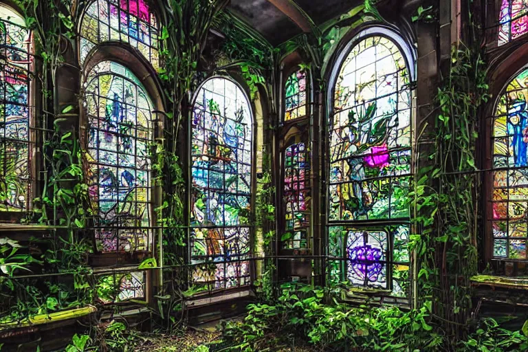 Prompt: overgrown cyberpunk sacred library with stained glass greenhouse