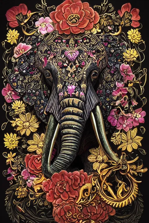 Image similar to Painted dark-wood panel relief carving of a Flowerpunk Matriarch Elephant, ornate border frame, explosion of colorful flowers, dark wood, intricately carved, black ink, festival of rich colors, intricate details, cinematic lighting, volumetric lighting, post-processing, by andreas rocha and john howe, and Martin Johnson Heade, featured on artstation, featured on behance, golden ratio, hyper detailed, photorealistic, epic composition, center spotlight, f32, well composed, UE5, 8k