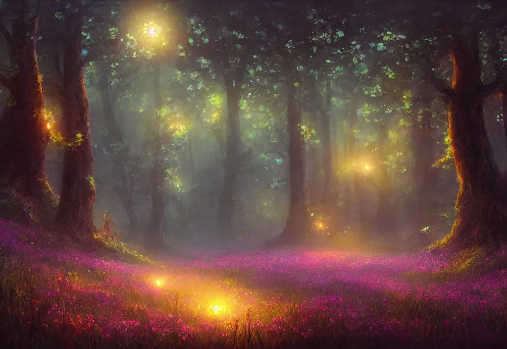 Image similar to a meadow with glowing flowers an forest behind it, night time, epic fantasy, detailed, intricate, digital painting, concept art, realistic, smooth, focus, rim light