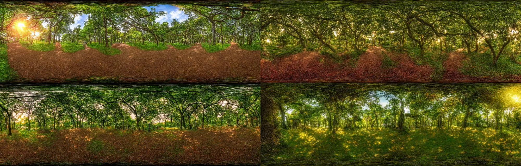 Prompt: anime intricate forest with walkpath towards the susnset , animation background panorama