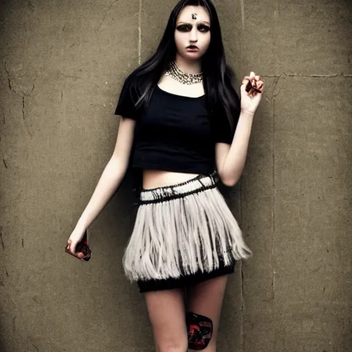 Image similar to teen goth girl in mini skirt and crop top, intricate, extremely detailed, modeling photography, teen