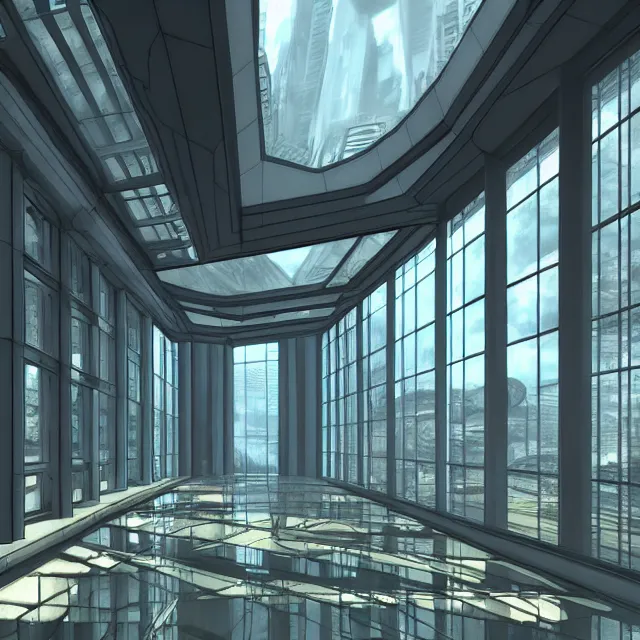 Prompt: halo 3 building interior, high ceilings, tall windows, glass floors, bright interior, beautiful lighting, realistic digital art, intricate details, trending on artstation, deviantart featured