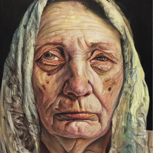 Image similar to Oil painting Portrait of a sad Woman, by Lucian Freud, Abstract brush strokes, Masterpiece