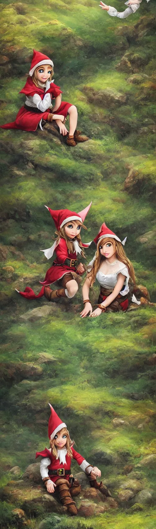 Image similar to a splash painting of a cute elf and dwarf sitting on the edge of a hill, beautiful nature, beautiful landscape