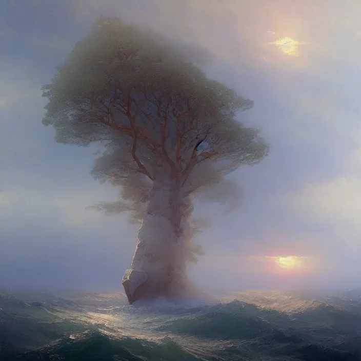 Image similar to a beautiful painting of the world tree on the red sea by ivan aivazovsky and greg rutkowski! and james gurney, in style of impressionism. highly detailed face. fantasy, elden ring, hyper detailed, sharp focus, soft light. ray tracing. trending on artstation.