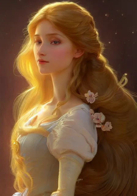 Prompt: rapunzel gold hair, intricate, elegant, highly detailed, digital painting, artstation, concept art, smooth, sharp focus, illustration, art by artgerm and greg rutkowski and alphonse mucha and william - adolphe bouguereau