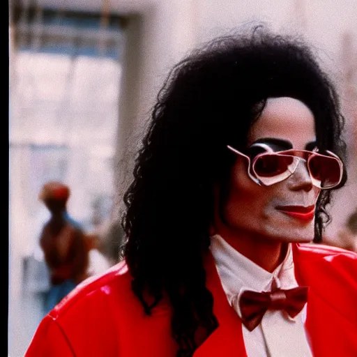 Image similar to a 1980s film still of Michael Jackson dressed as Snoop Dogg, 40mm lens, shallow depth of field, split lighting