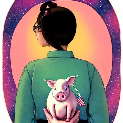 Image similar to portrait of a ( mindless american ) woman and her sidekick talking - pig enveloped in shimming iridescence, backpacking in pakistan about youth and depression, by norman rockwell, pixar, studio ghibli, toei, intricate line work, beautiful, complete light occlusion, rim light, pop - out, collage, trending on pinterest, artstation 8 k