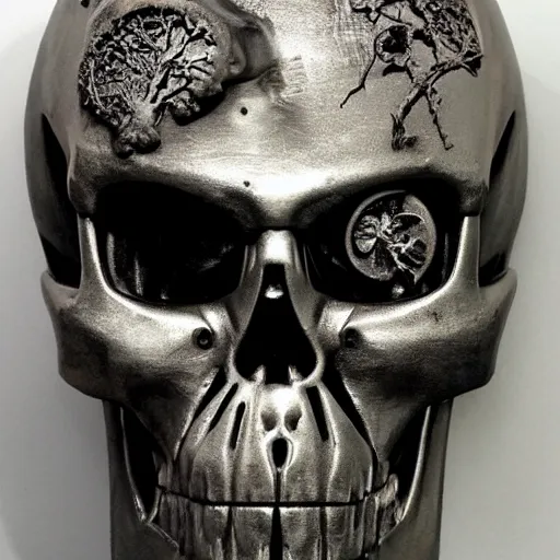 Prompt: very detailed and sophisticated terminator head with an open skull and a forest growing inside