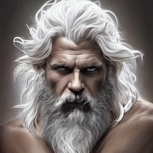 Prompt: portrait of rugged zeus, greek god, 4 0 years old, handsome, white hair, soft hair, upper body, muscular, hairy torso, fantasy, intricate, elegant, highly detailed, digital painting, artstation, concept art, smooth, sharp focus, illustration, art by artgerm and greg rutkowski and alphonse mucha