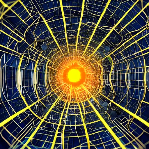 Image similar to wide shot of a man getting trapped inside cern large hadron collider, his body getting pulled apart by particle collision, rendered in octane