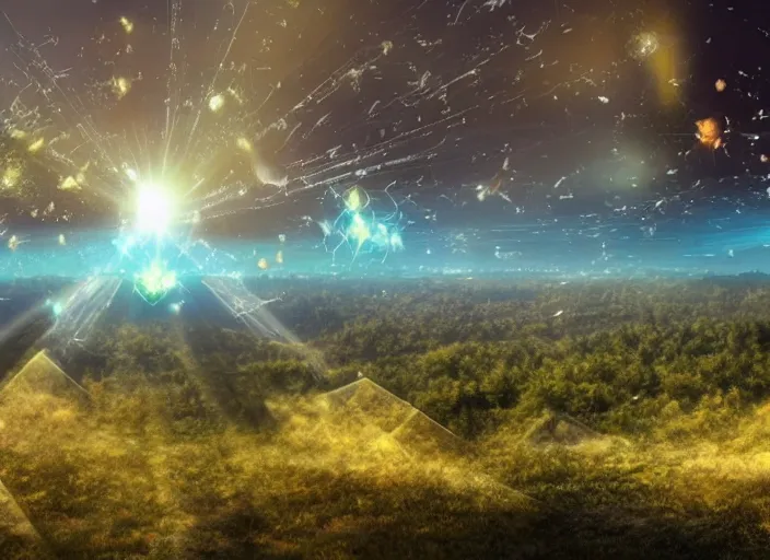 Image similar to a photo of giant interdimensional fractal creatures falling from the sky in the distance, a vast landscape with lush hills, dust particles, natural lighting, awe inspiring, wide angle, cinematographic, subtle lens flare