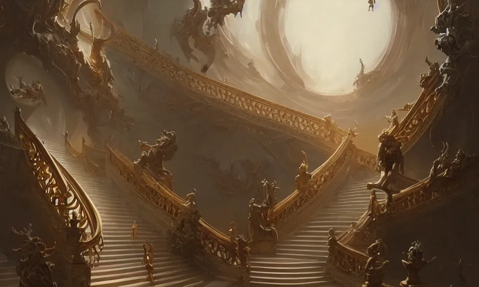 Prompt: a straight staircase full of ornate statues leading to heaven, art by greg rutkowski and peter mohrbacher, featured in artstation, octane render, cinematic, elegant, intricate, highly detailed, fantasy, concept art, sharp focus, illustration, 8 k