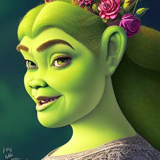 Image similar to a beautiful detailed front view portrait of princess fiona from shrek with ornate growing around, ornamentation, flowers, elegant, beautifully soft lit, by wayne barlowe, peter mohrbacher, kelly mckernan,