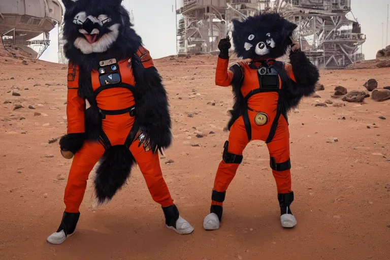 Image similar to furry convention on mars, animal costumes, 8 k photography, cyberpunk