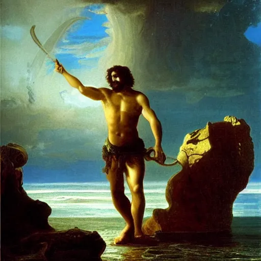 Prompt: Poseidon, the god of the sea, painting by Albert Bierstadt, dark colors