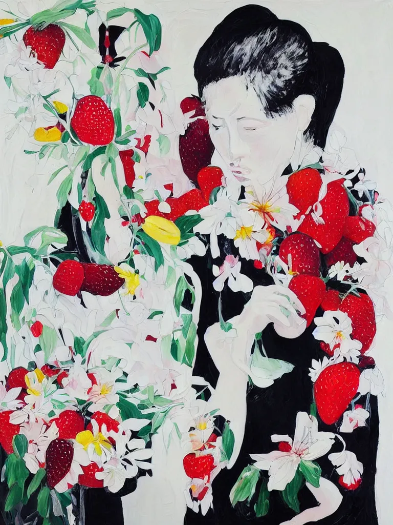 Image similar to “art in an Australian artist’s apartment, portrait of a woman wearing white cotton cloth, eating luscious fresh raspberries and strawberries and blueberries, white wax, edible flowers, Japanese pottery, ikebana, black walls, acrylic and spray paint and oilstick on canvas”