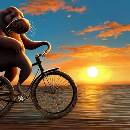 Image similar to anthropomorphic walrus riding a bicycle at sunrise realistic, hyperrealistic, very realistic, highly detailed, very detailed, extremely detailed, detailed