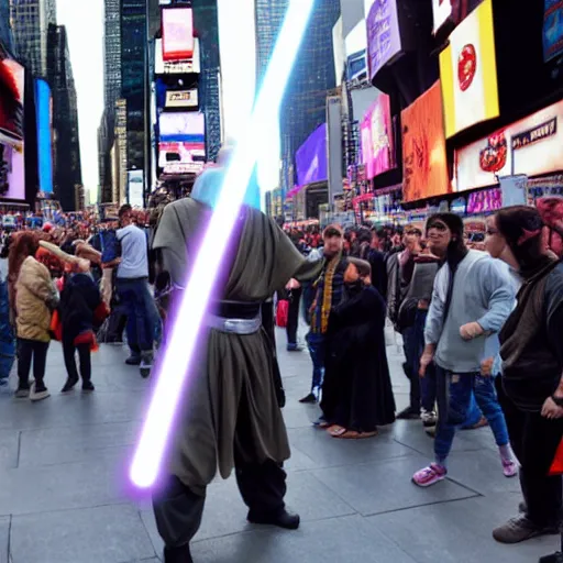 Prompt: a jedi in a battle with voldemort among the people in times square