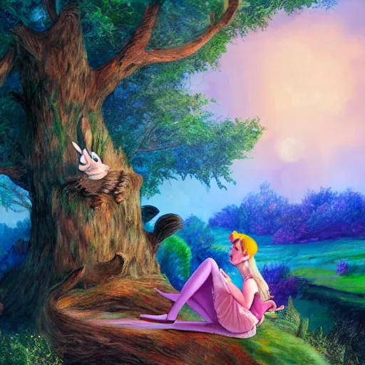 Image similar to alice from wonderland talking to a rabbit while sitting on top of a tree, realistic fantasy art in the style of enid blyton