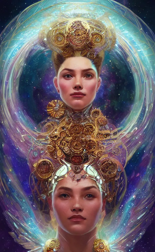 Image similar to portrait of a cosmic goddess, suit made out of stars and galaxies and cosmic energy, intricate, headshot, highly detailed, digital painting, artstation, concept art, sharp focus, cinematic lighting, illustration, art by artgerm and greg rutkowski, alphonse mucha, cgsociety