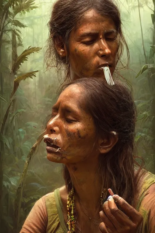 Image similar to a beautiful portrait of an ashaninka woman taking tobacco snuff in the jungle, hyper realistic face, fantasy art, in the style of greg rutkowski, intricate, matte painting, hyper detailed, smooth