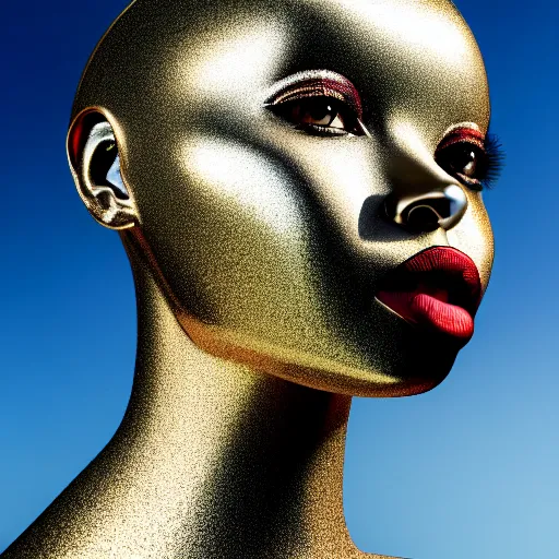 Image similar to portrait of metallic robot face, african woman, mercury, mirror reflections, smooth, liquid metal, proud, looking away, outdoor, blue sky, 8 k, realistic, depth of field, highly detailed, award winning photography