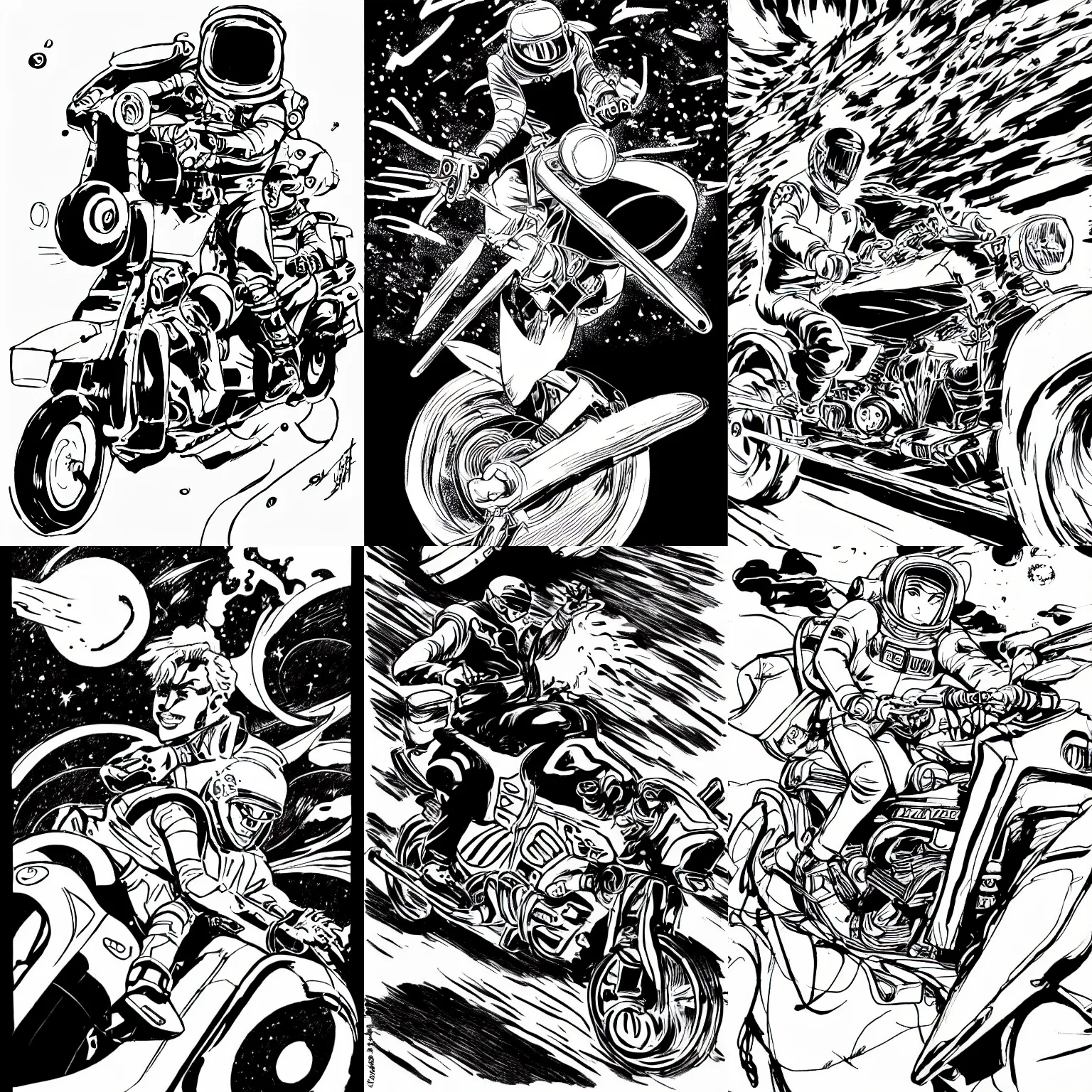 Prompt: man riding a motorcycle in space, manga Jojo style, speed lines, hand drawn, black and white