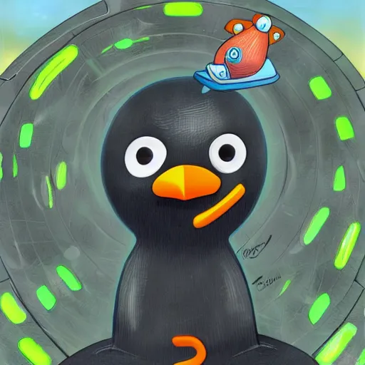 Image similar to captain Pingu goes for a ride on his spaceship, digital art, highly detailed