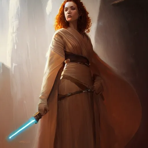 Prompt: portrait of a woman by greg rutkowski, jedi princess knight, curly redhead, jedi robes, star wars expanded universe, she is about 2 0 years old, elegant, graceful, wearing jedi robes, highly detailed portrait, digital painting, artstation, concept art, smooth, sharp foccus ilustration, artstation hq