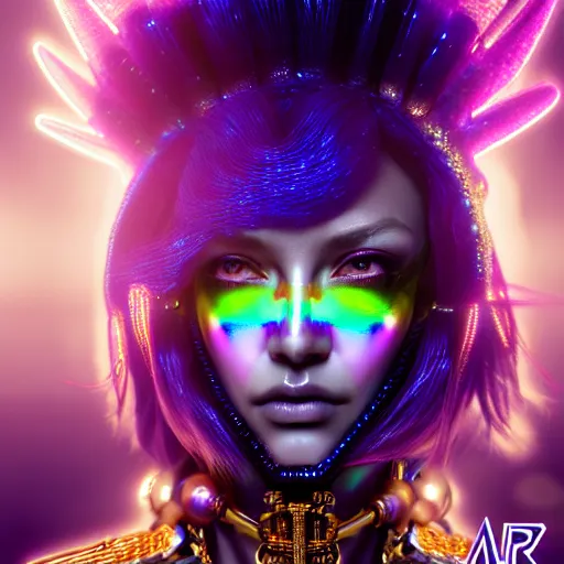 Image similar to hyperdetailed close portrait of a stunningly beautiful cyberpunk girl androgynous wizard guard made of iridescent metals and shiny purple gems, bright rainbow nimbus, transparent necklace, gold background inspired by ross tran and masamune shirow and kuvshinov, concept art, intricate, photorealistic, octane render, rtx, hdr, unreal engine, dnd digital art by artgerm