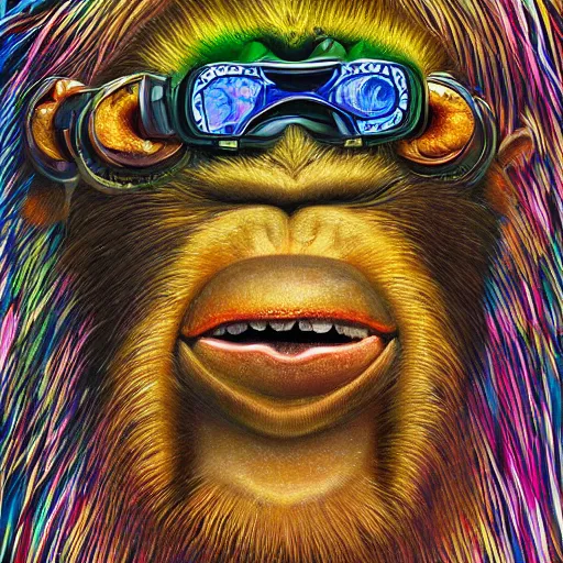 Prompt: a high hyper detailed painting with many intricate textures of a cave monkey wearing virtual reality goggles in a spiritual psychedelic cosmos