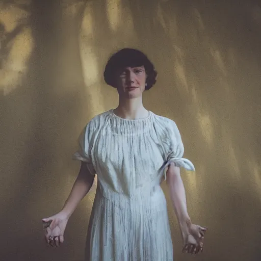 Prompt: a portrait of a woman made entirely of hands and fingers, soft sunlight dappling on her, she holds a hand puppet, in ancient airy building, award-winning photo