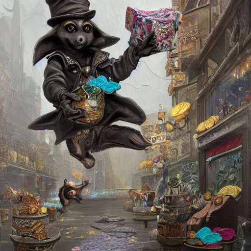 Image similar to anthropomorphized rat thief stealing gold coins from a shop, wearing fancy hat and clothes, concept art, insanely detailed and intricate, hypermaximalist, elegant, ornate, hyper realistic, super detailed, art deco, cinematic, trending on artstation, magic the gathering artwork