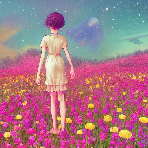 Image similar to a girl among a flower field thinks about space, graceful, an ultrafine detailed illustration by kim jung gi, bright colors, unreal engine 5 highly rendered, detailed and intricate environment