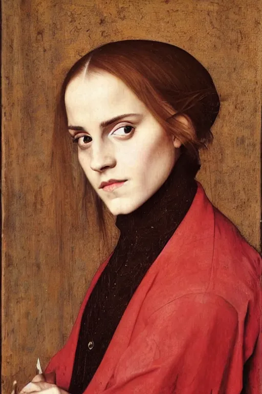 Image similar to portrait of emma watson, oil painting by jan van eyck, by hans holbein, northern renaissance art, old masters, alla prima, realistic, expressive emotions, intricate textures, illusionistic detail