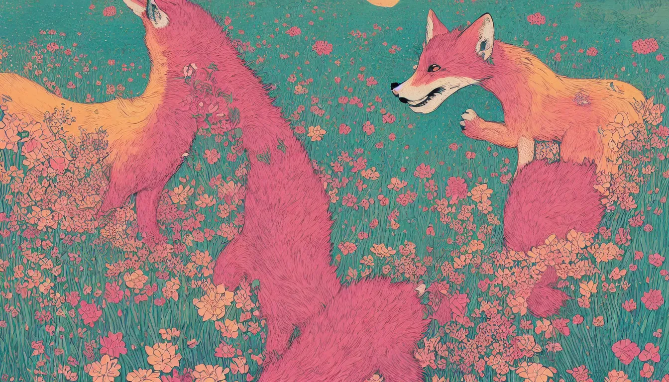 Image similar to pink fox head popping out of a field of multi colored flowers by kilian eng, victo ngai, josan gonzalez, hokusai