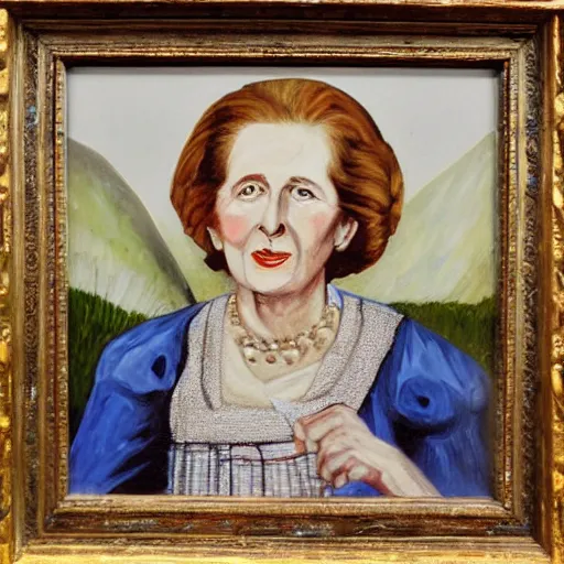 Prompt: margaret thatcher as a 1 2 th century peasant in england, painting, oil on canvas, restored, art, detailed