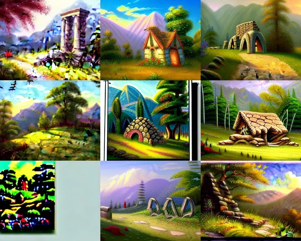 Prompt: destroyed ruins of a small structure in a grassy field, mountains and trees, art inspired by thomas kinkade, detailed painting