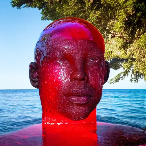 Prompt: a giant human head sculpture in the sea made out of juicy and transparent red jelly, long shot, hyper detailed, hyper realistic, ray tracing, 8 k resolution, sharp focus, realistic water, award winning