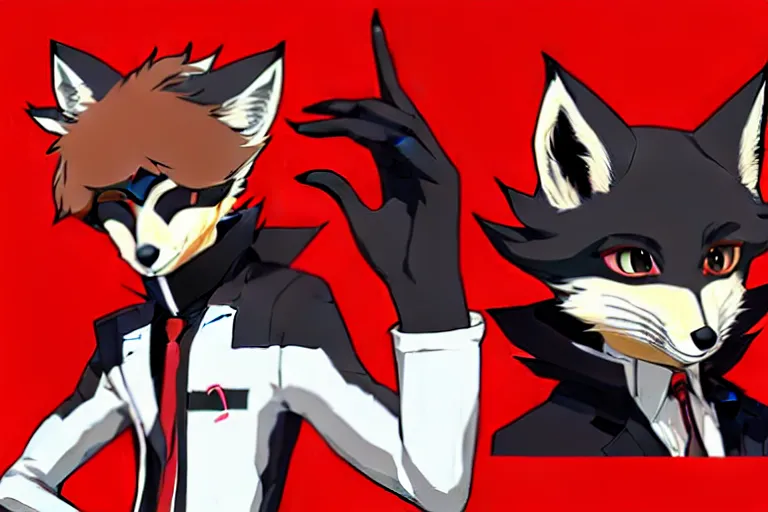 Image similar to a furry tan male fox on a persona 5 : royal ( by atlus ) video game splash screen, a furry male sandcolored tan fox fursona ( has hair ), persona 5 phantom thief style