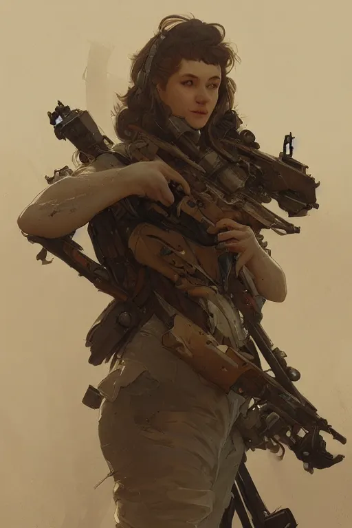 Prompt: A full portrait of a beautiful post apocalyptic heavy weapons expert, intricate, elegant, highly detailed, digital painting, artstation, concept art, smooth, sharp focus, illustration, art by Krenz Cushart and Artem Demura and alphonse mucha