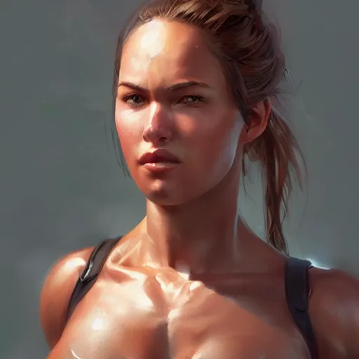 Image similar to a very cute woman with muscles, digital art, photorealistic, unreal engine, 8 k resolution, artstation, beautiful face, pretty face, very detailed eyes, by wlop, greg rutkowski, simon bosley