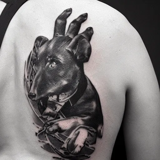 Prompt: a mid 1 9 0 0 s photograph of the back of a hand with a tattoo of a dog on it