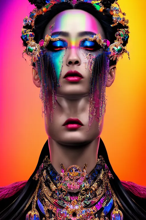 Image similar to a singular beautiful empress dramatic portrait, black hair, with a brilliant, impossible striking shiny big multi colored crystal headpiece, symmetrical, reflective surface, rainbow crystal clothes, rococo, baroque, jewels, asian, realistic, dramatic studio lighting, closeup, D&D, fantasy, intricate, elegant, highly detailed, digital painting, artstation, octane render, 8k, concept art, matte, sharp focus, illustration, art by Artgerm and Greg Rutkowski and Alphonse Mucha