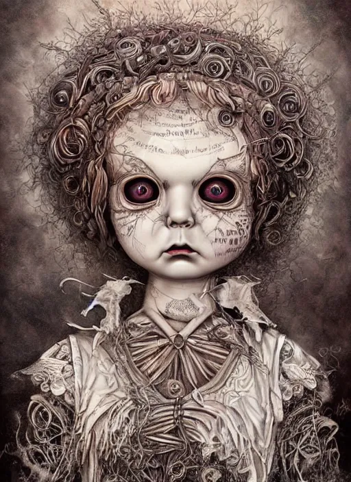 Image similar to portrait of a creepy doll, obsidian eyes, intricate, highly detailed, smooth, digital illustration, the dark and quirky art of scott radke