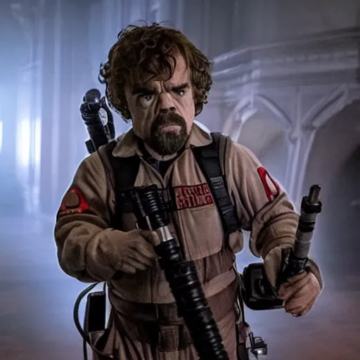 Prompt: stunning awe inspiring peter dinklage as a ghostbuster in the movie ghostbusters, movie still 8 k hdr atmospheric lighting