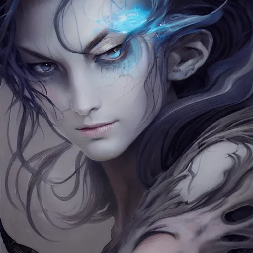 Image similar to Despair is a hue created with swirls of black gouache, hopeless grey, and a daub of cold blue, intricate, highly detailed, digital painting, artstation, concept art, smooth, sharp focus, illustration, Unreal Engine 5, 8K, art by artgerm and greg rutkowski and alphonse mucha, fantasy epic digital art, epic fantasy card game art