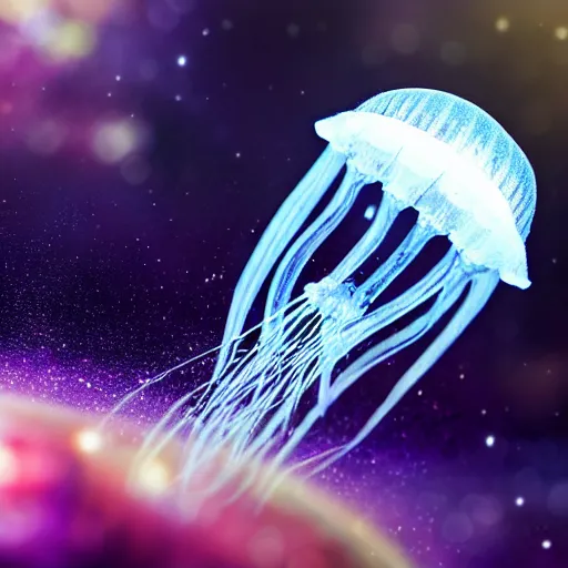 Prompt: a jellyfish in space, closeup photo, epic shot, Tooth Wu style, 4K